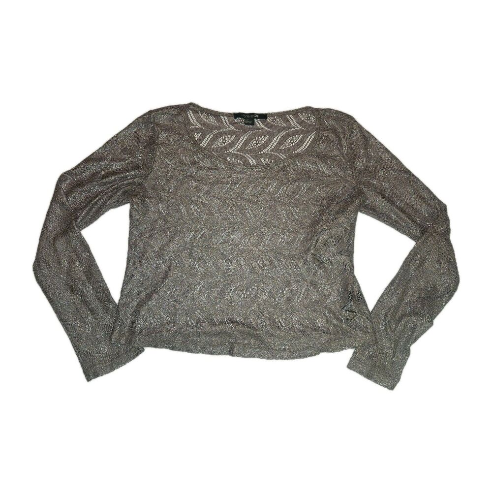 Forever 21 S Cropped Long Sleeve Lace Blouse Metallic Silver Goth Grunge Sheer
